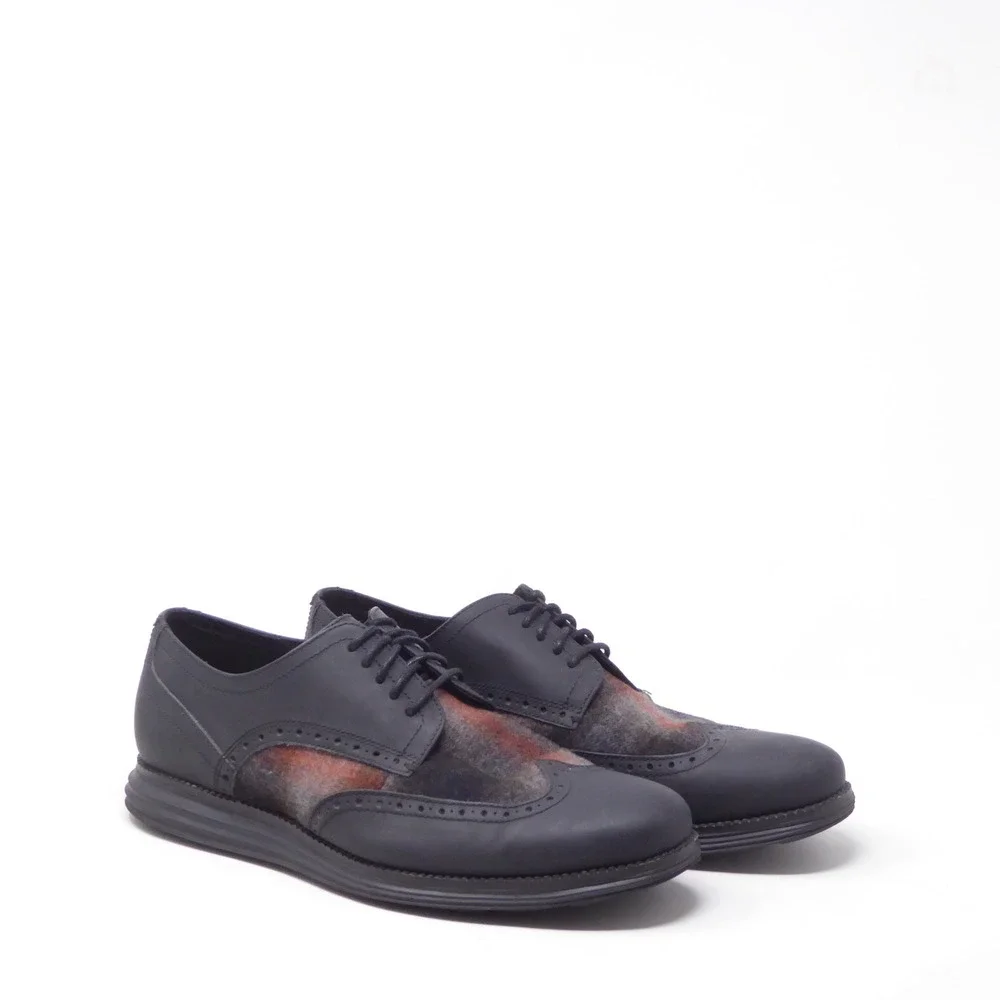 Cole Haan Original Grand Shortwing Oxfords Leather Wool Black Plaid Wingtip 10M